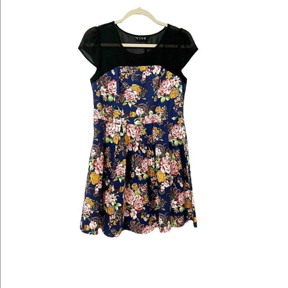 Viso Women’s Black and Blue Floral Fit and Flare Dress Size 13
